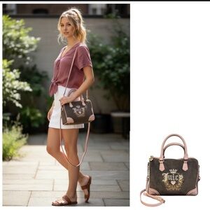 Juicy Couture Pink Brown Bag Satchel with shoulder strap soft velour fabric